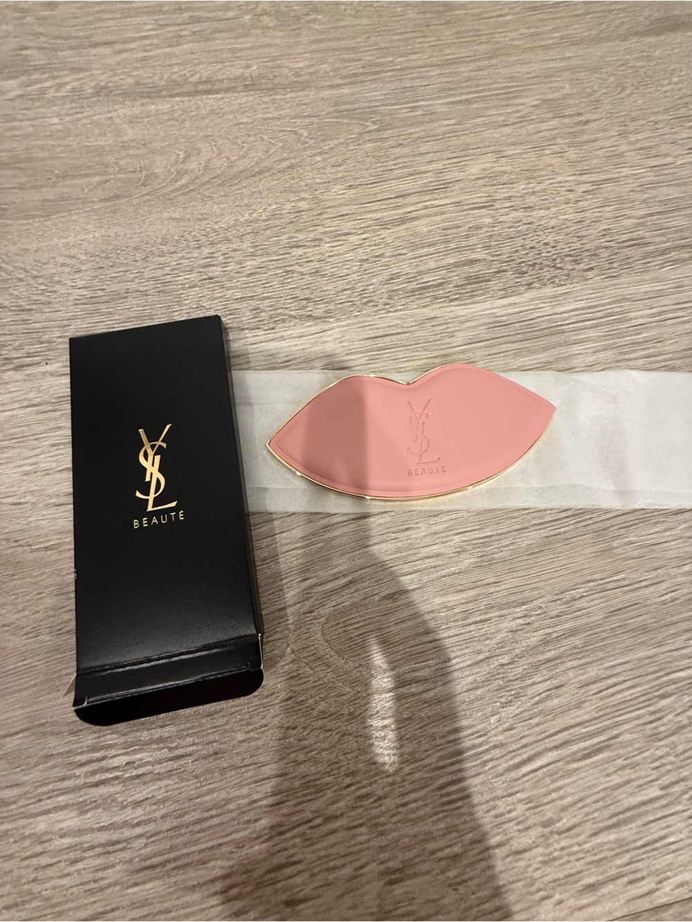 Yves Saint Laurent Lip-Shaped Compact Mirror in Soft Pink with Gold Trim